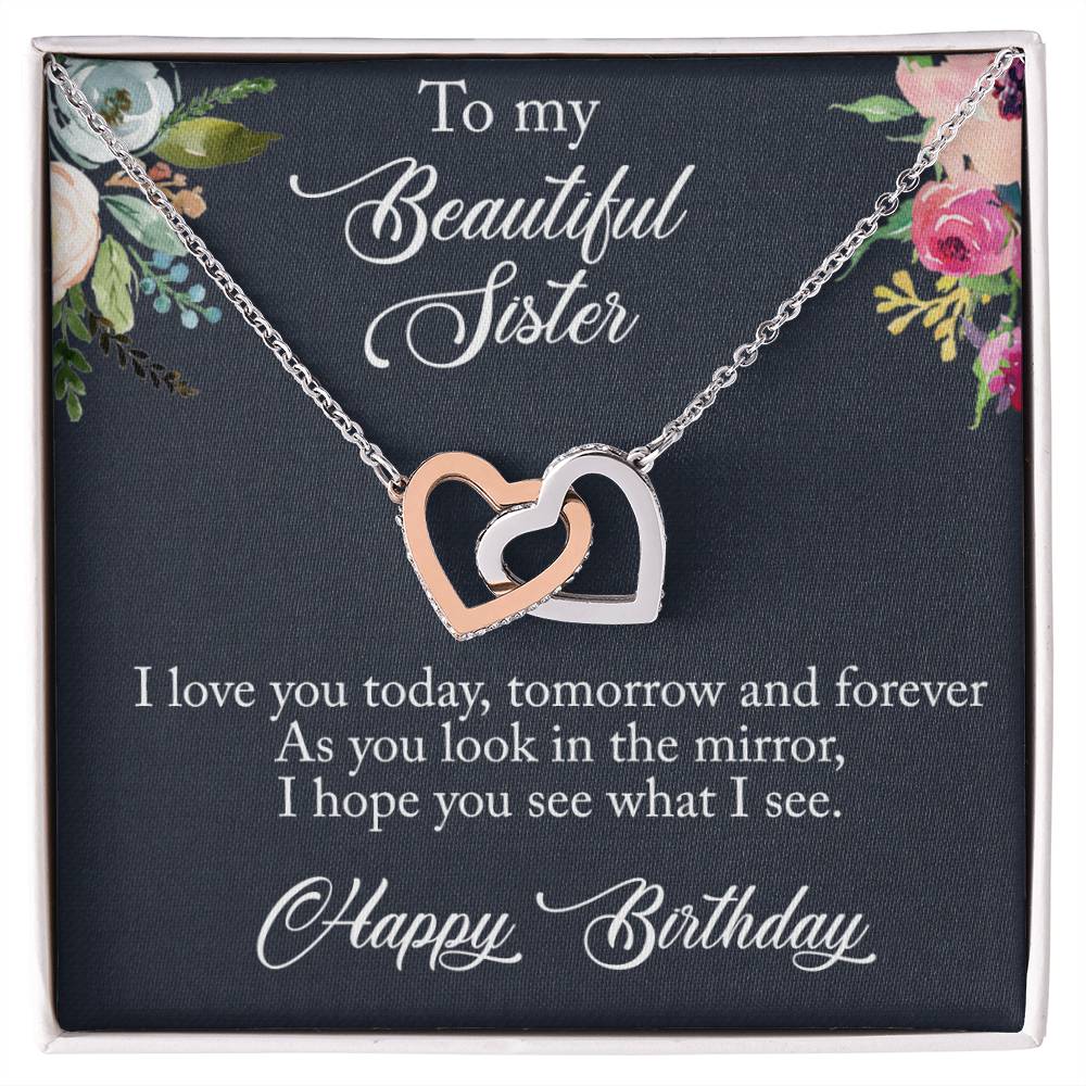 To My Beautiful Sister Interlocking Hearts Birthday Necklace